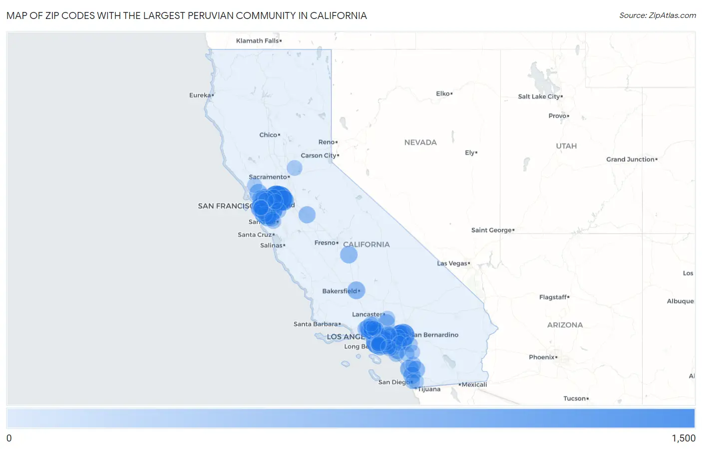 Zip Codes with the Largest Peruvian Community in California Map