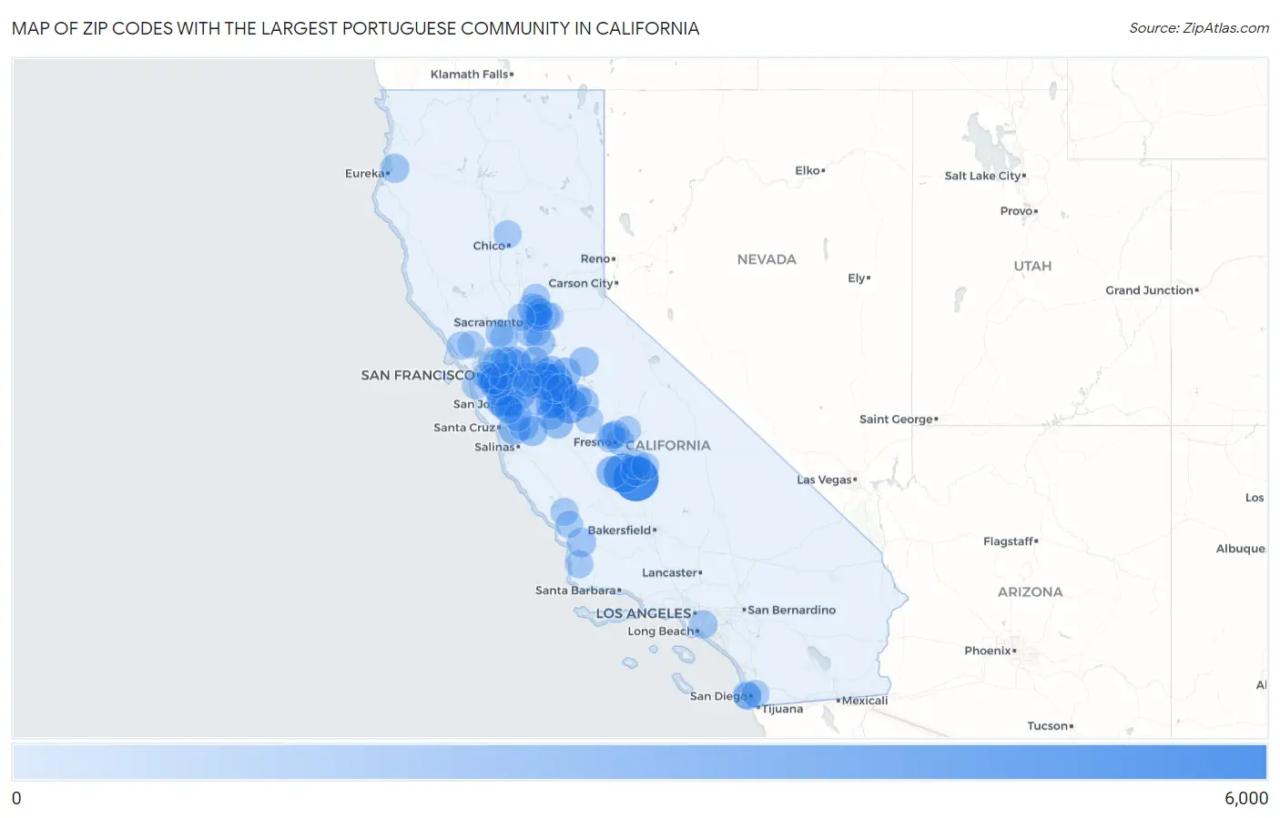 Zip Codes with the Largest Portuguese Community in California Map