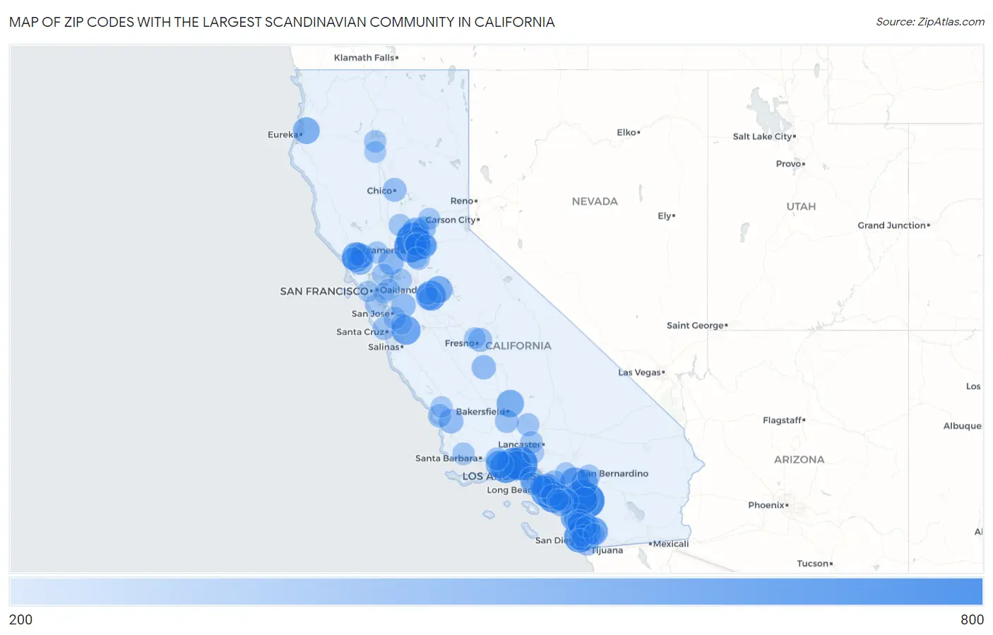 Zip Codes with the Largest Scandinavian Community in California Map