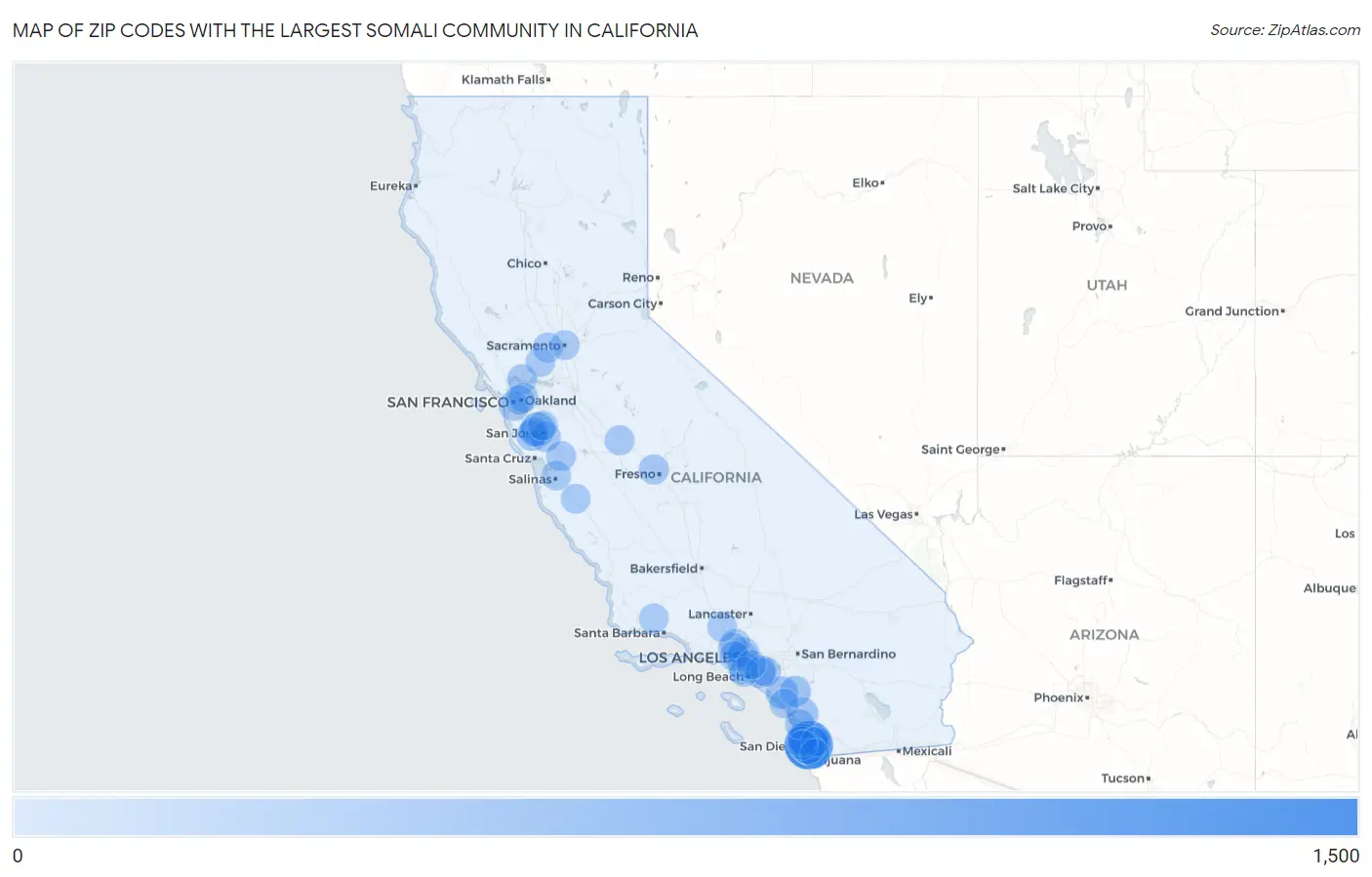 Zip Codes with the Largest Somali Community in California Map