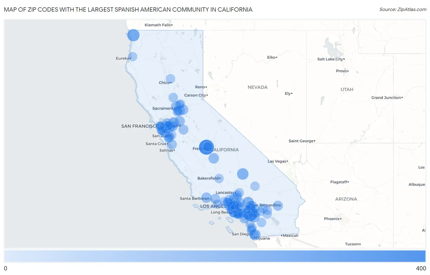 Zip Codes with the Largest Spanish American Community in California Map