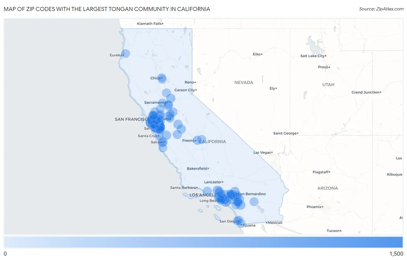 Zip Codes with the Largest Tongan Community in California Map