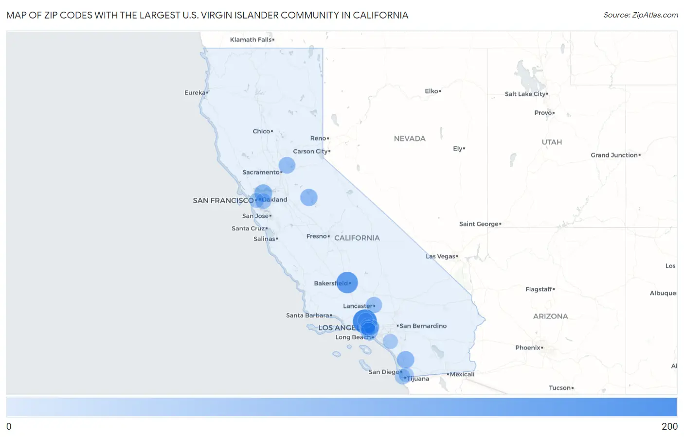 Zip Codes with the Largest U.S. Virgin Islander Community in California Map