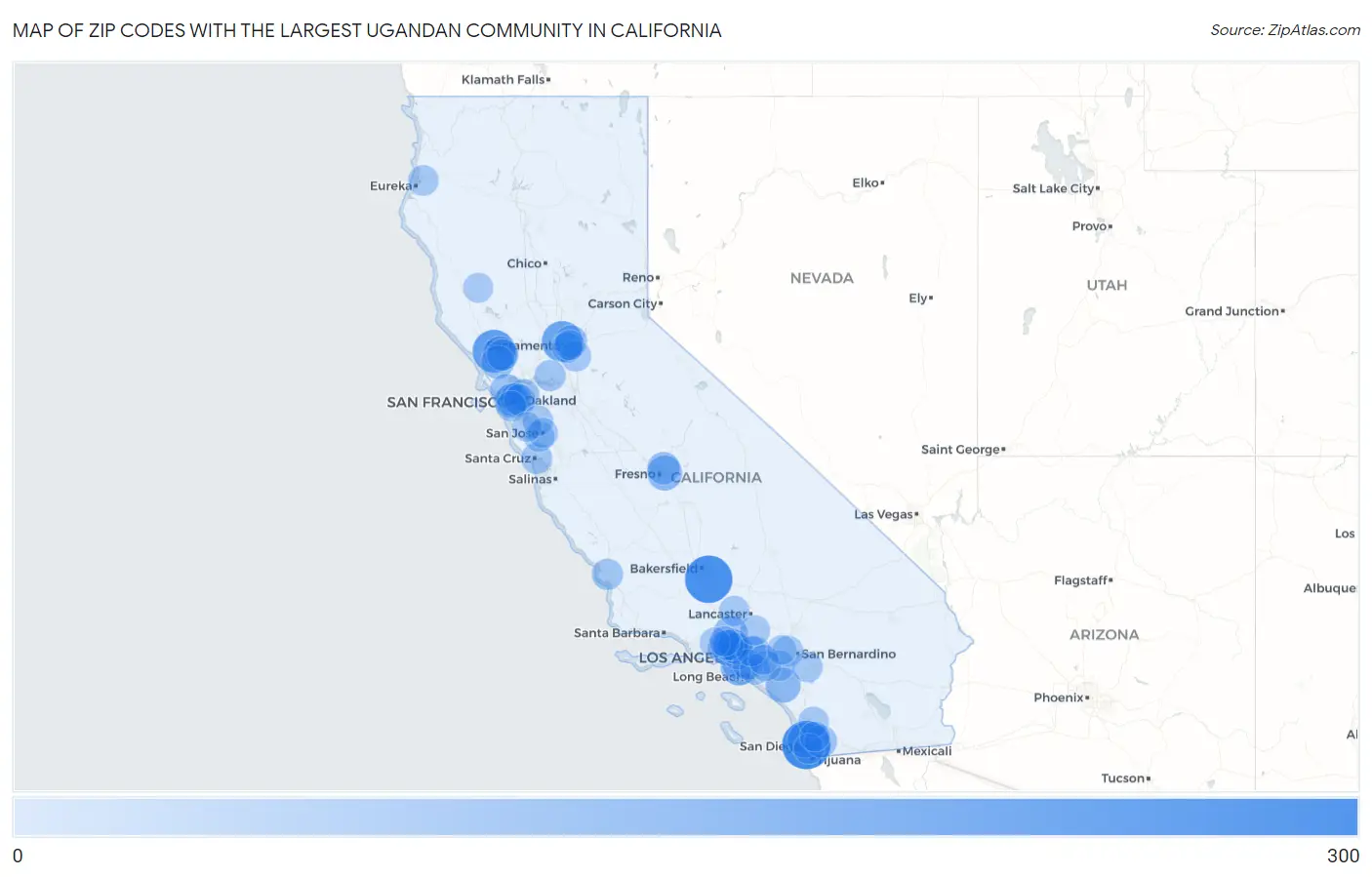 Zip Codes with the Largest Ugandan Community in California Map