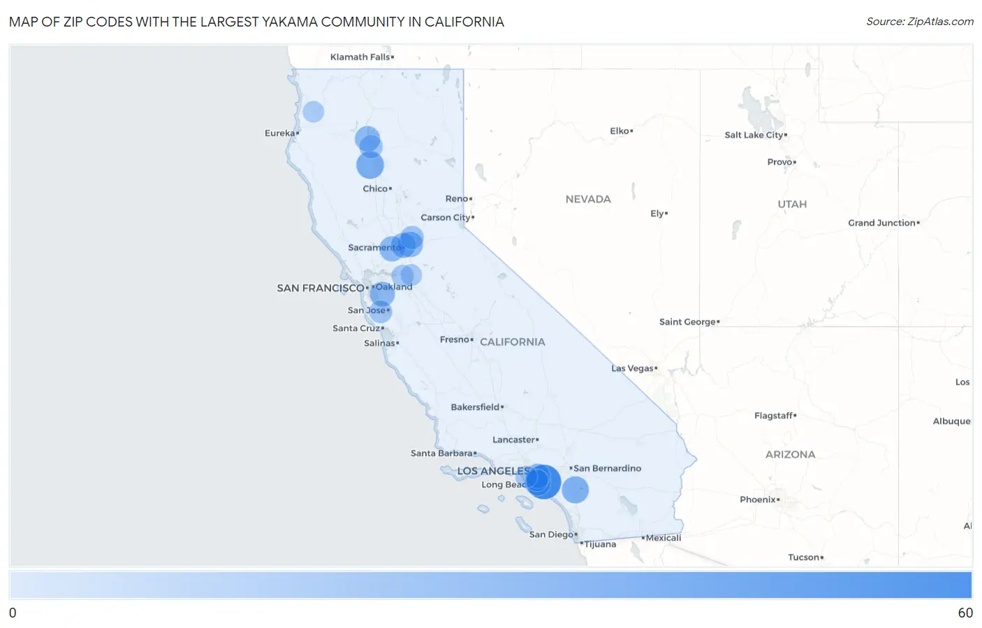 Zip Codes with the Largest Yakama Community in California Map