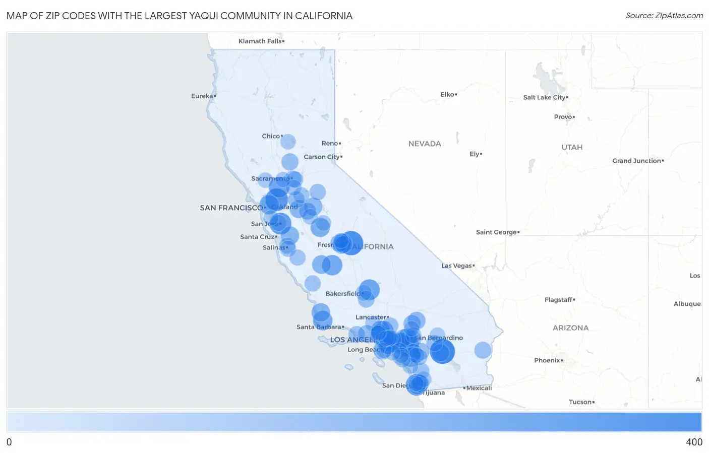 Zip Codes with the Largest Yaqui Community in California Map