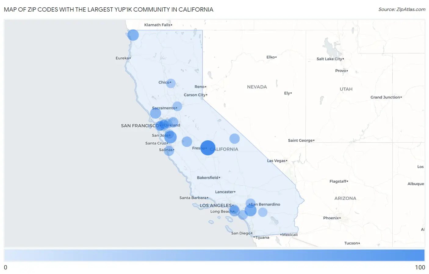 Zip Codes with the Largest Yup'ik Community in California Map