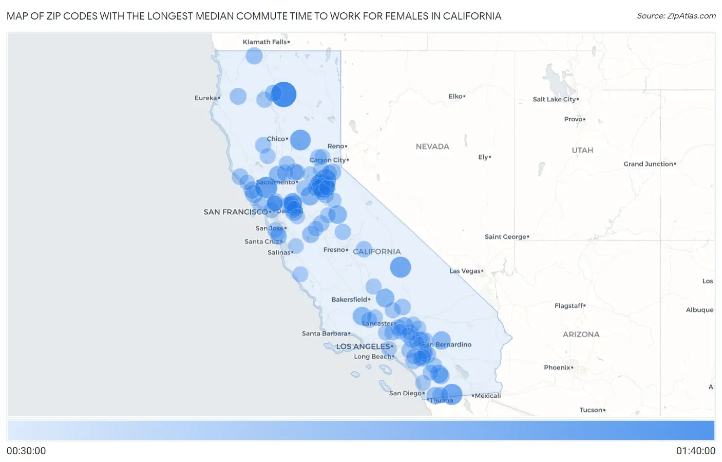 Zip Codes with the Longest Median Commute Time to Work for Females in California Map