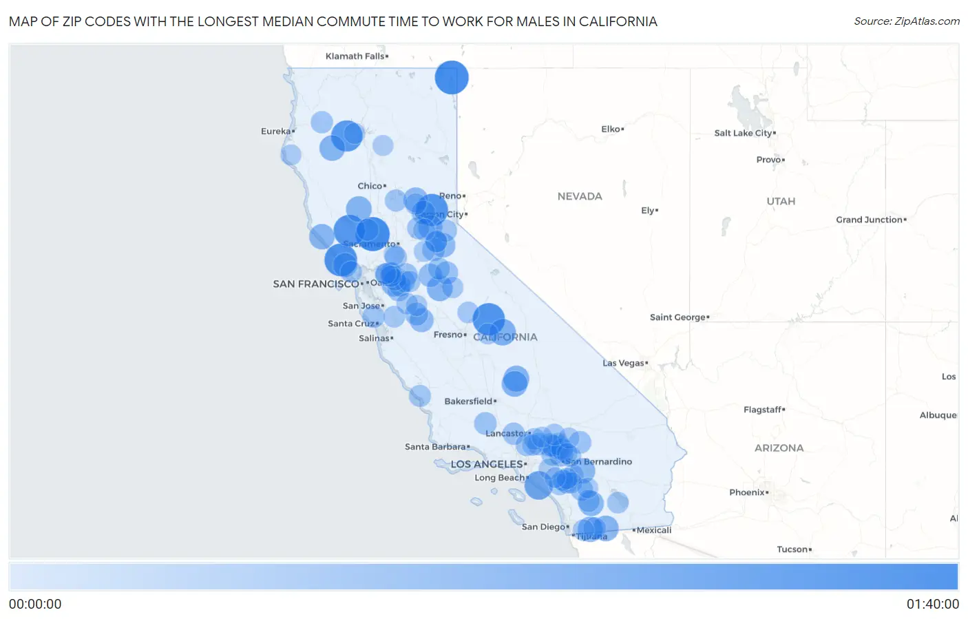 Zip Codes with the Longest Median Commute Time to Work for Males in California Map