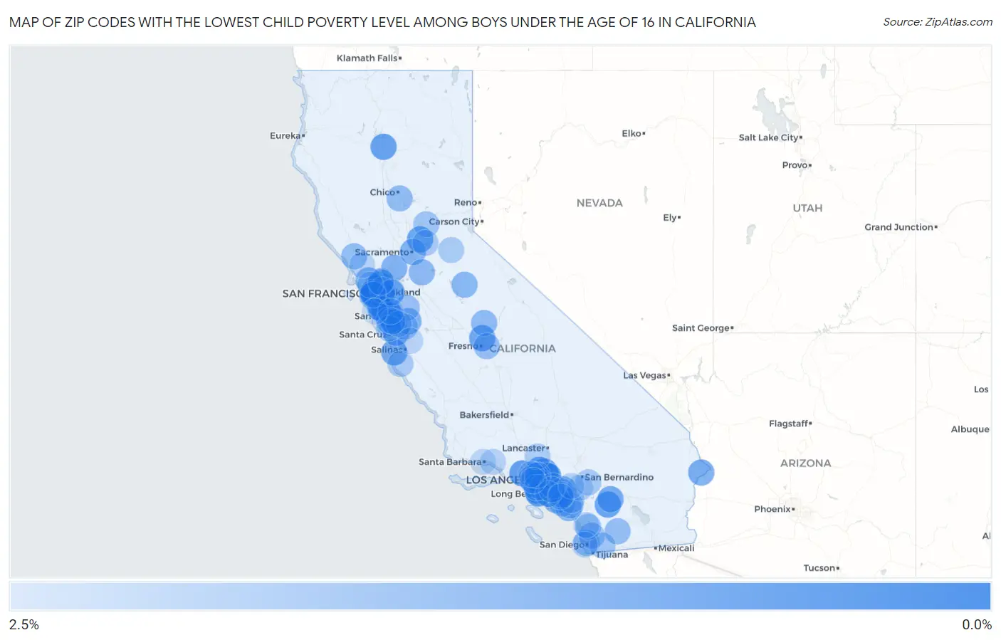 Zip Codes with the Lowest Child Poverty Level Among Boys Under the Age of 16 in California Map
