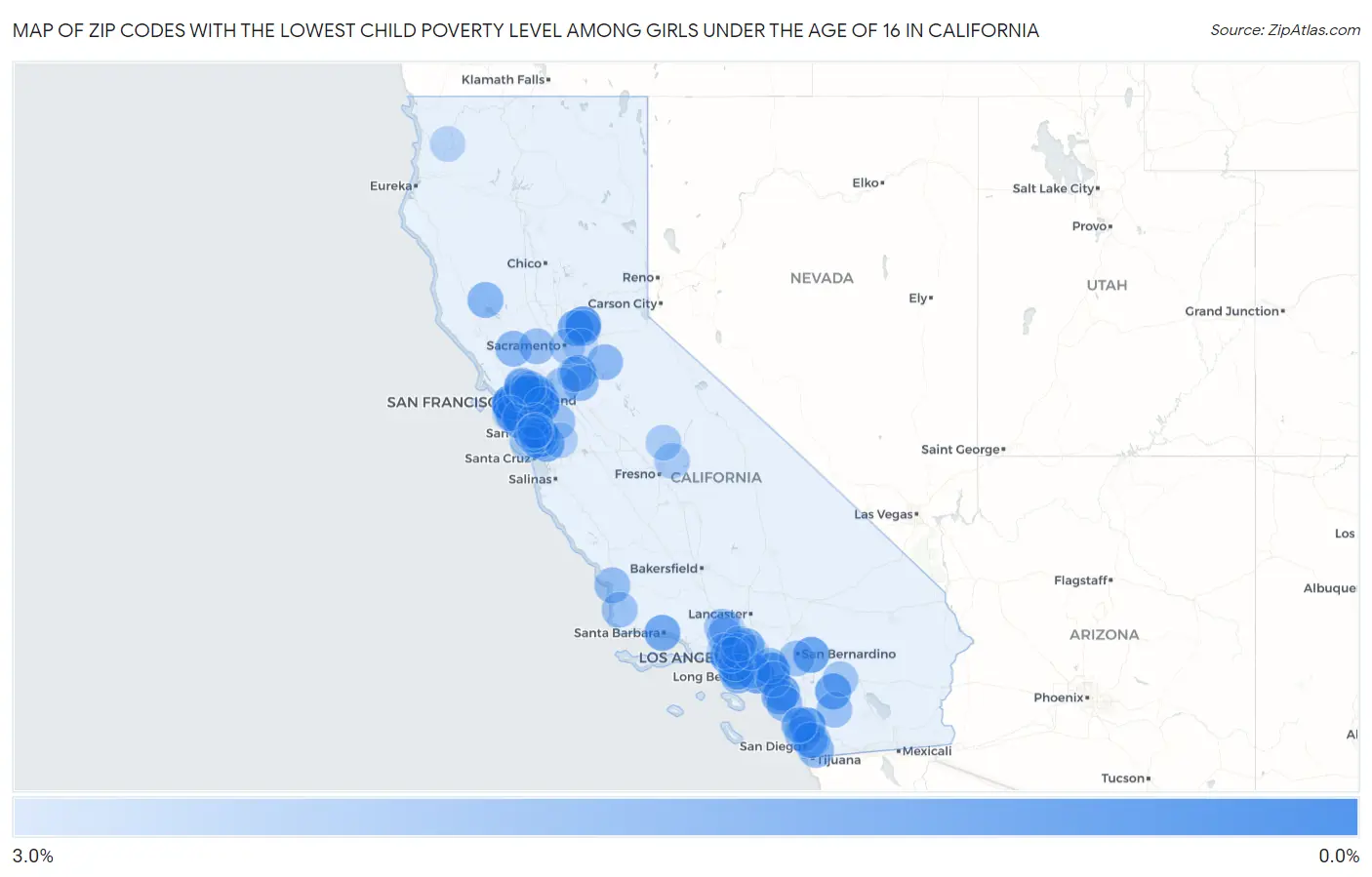 Zip Codes with the Lowest Child Poverty Level Among Girls Under the Age of 16 in California Map