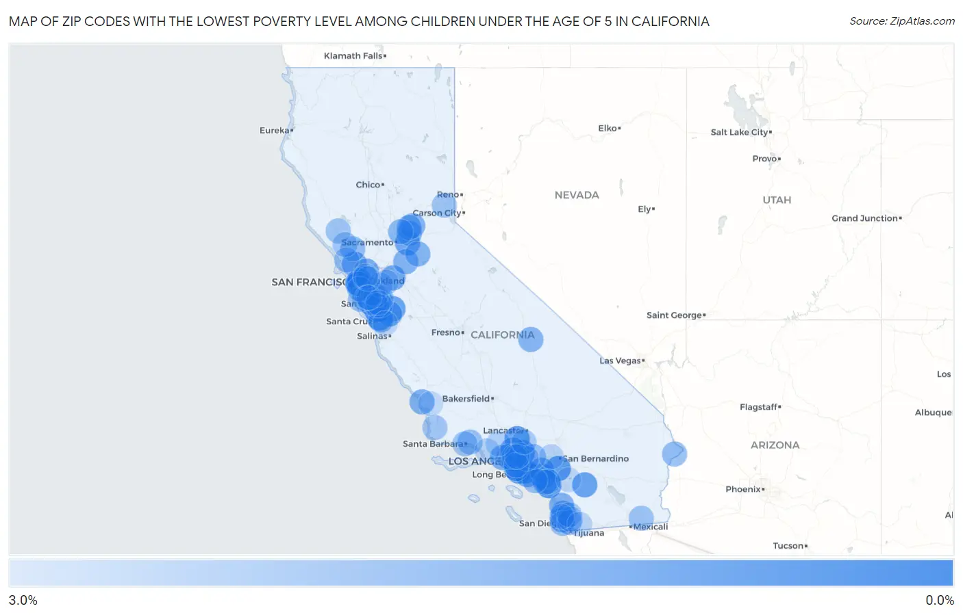 Zip Codes with the Lowest Poverty Level Among Children Under the Age of 5 in California Map
