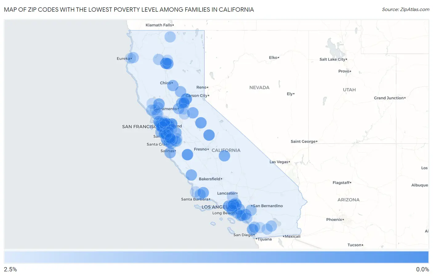 Zip Codes with the Lowest Poverty Level Among Families in California Map