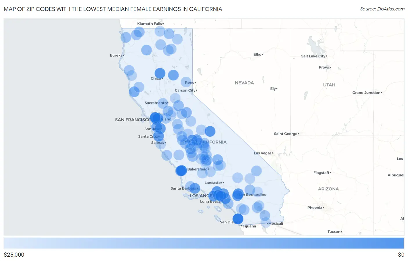 Zip Codes with the Lowest Median Female Earnings in California Map