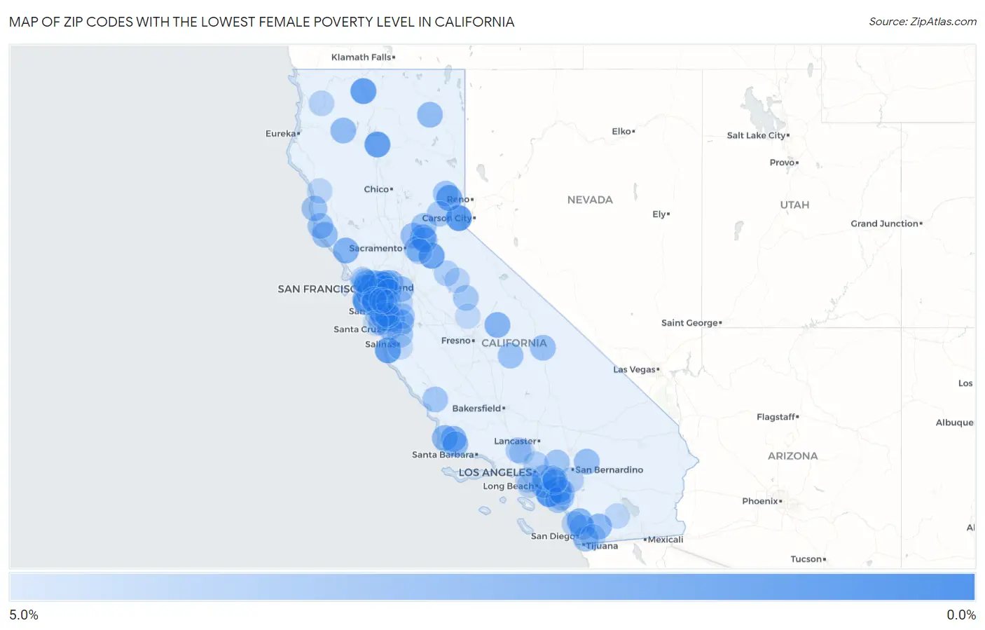 Zip Codes with the Lowest Female Poverty Level in California Map