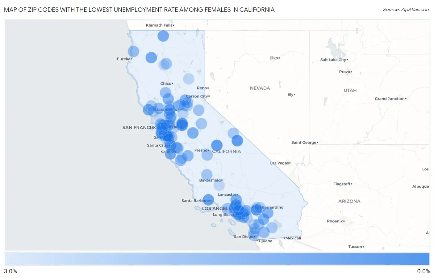 Zip Codes with the Lowest Unemployment Rate Among Females in California Map