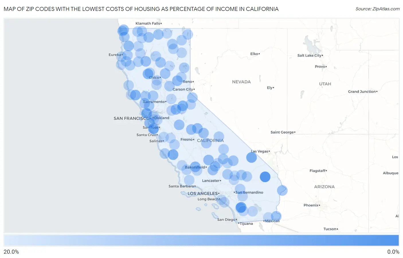 Zip Codes with the Lowest Costs of Housing as Percentage of Income in California Map