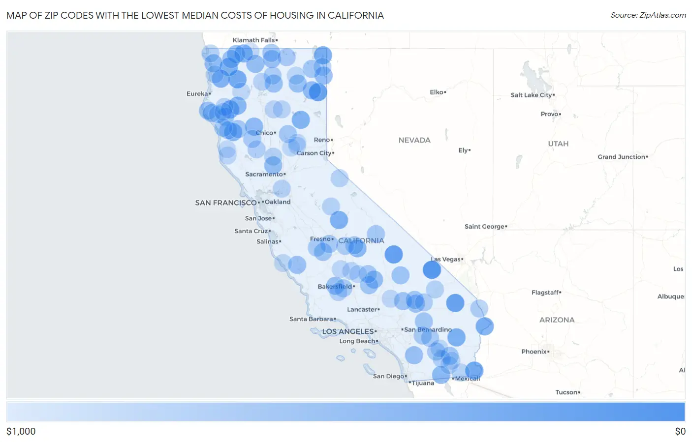 Zip Codes with the Lowest Median Costs of Housing in California Map