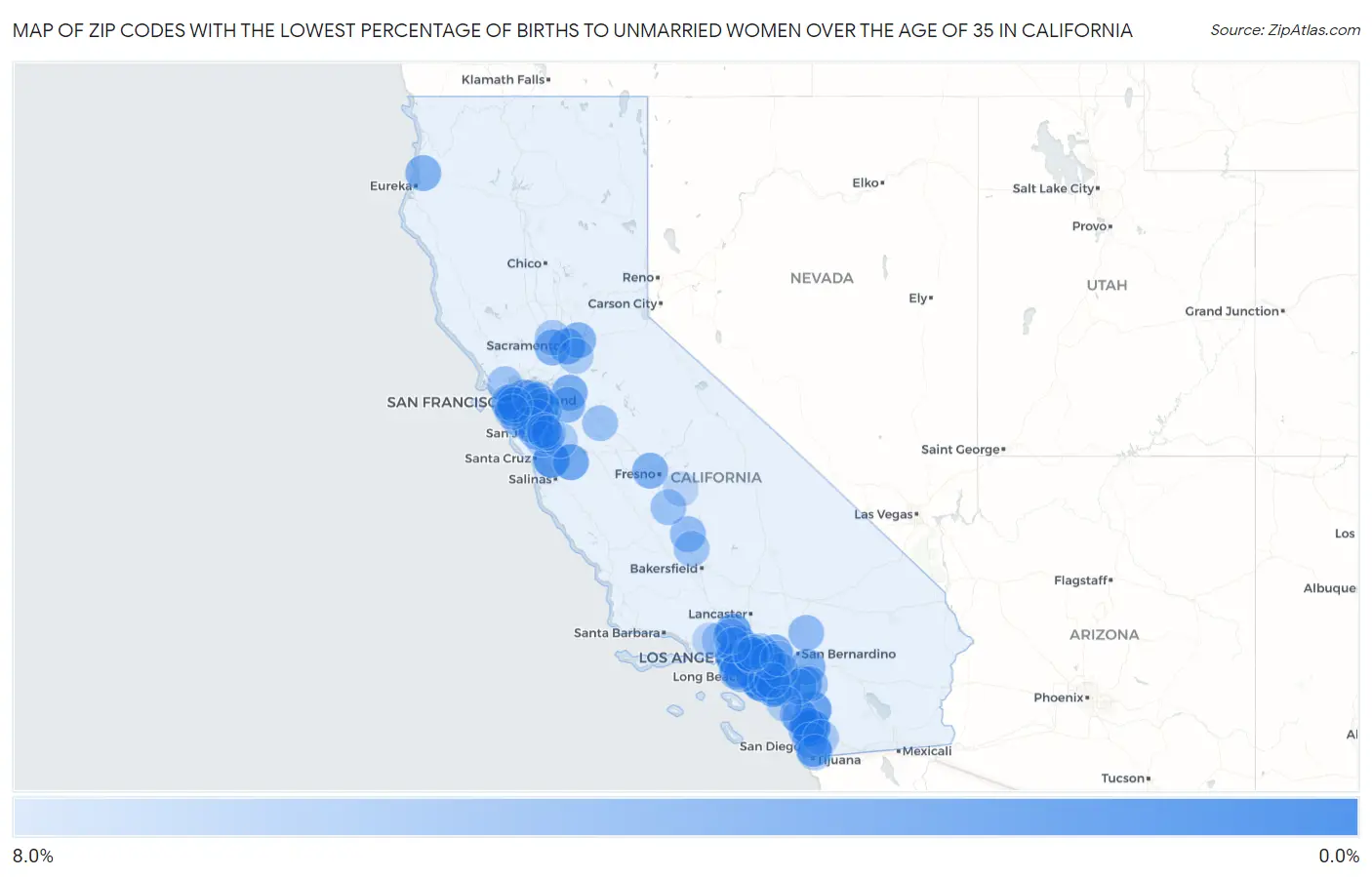 Zip Codes with the Lowest Percentage of Births to Unmarried Women over the Age of 35 in California Map