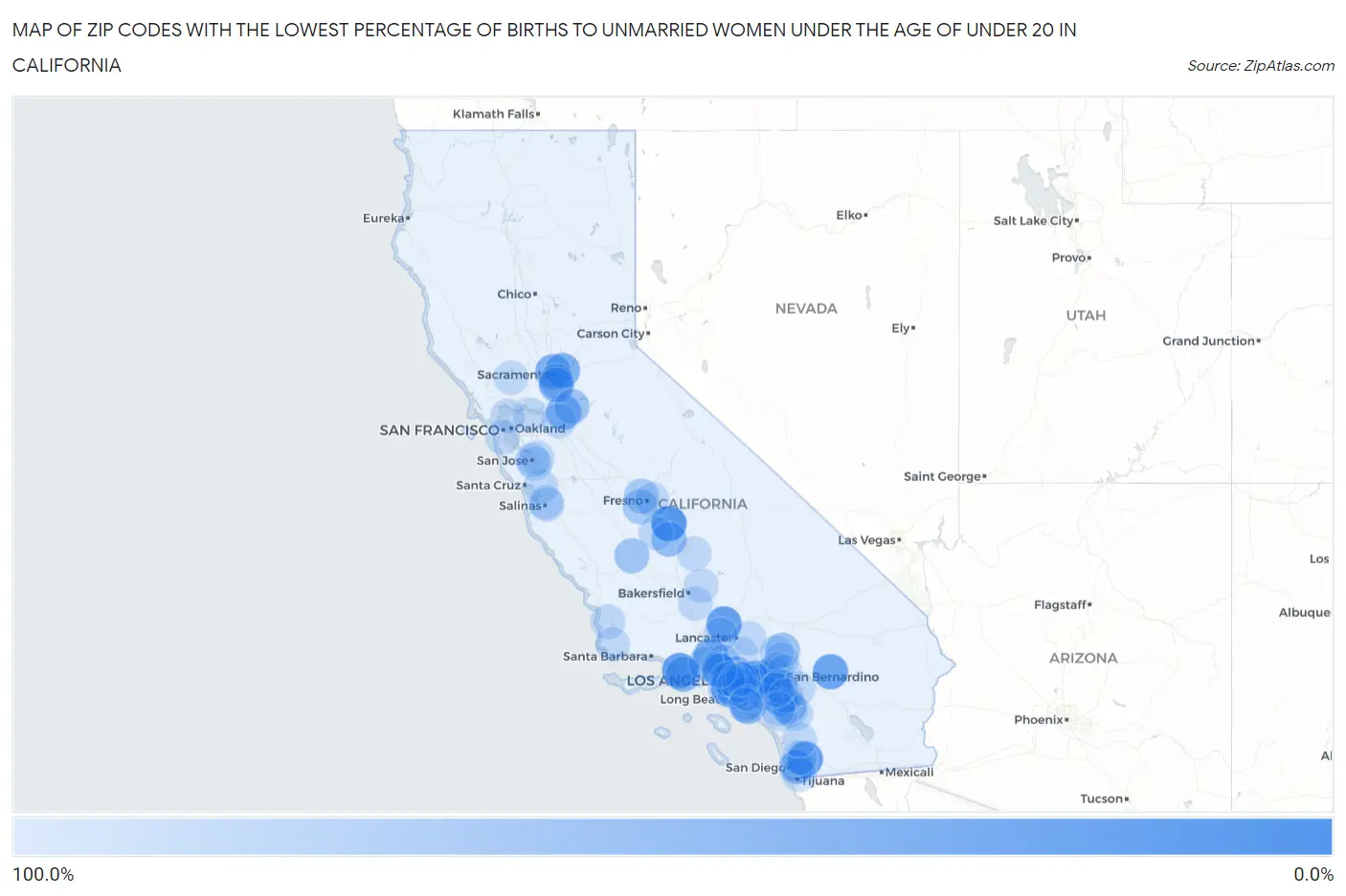 Zip Codes with the Lowest Percentage of Births to Unmarried Women under the Age of under 20 in California Map