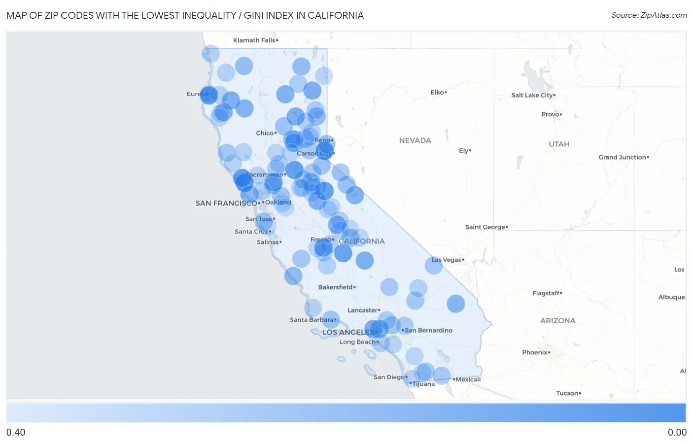 Zip Codes with the Lowest Inequality / Gini Index in California Map