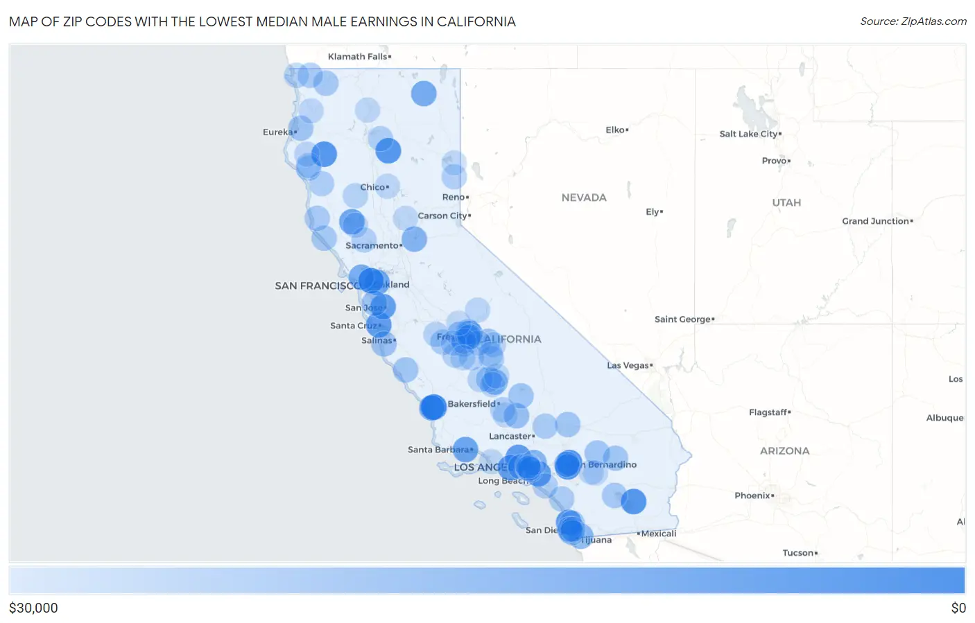 Zip Codes with the Lowest Median Male Earnings in California Map