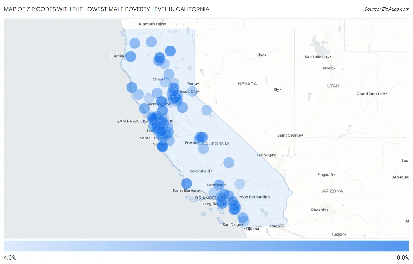 Zip Codes with the Lowest Male Poverty Level in California Map