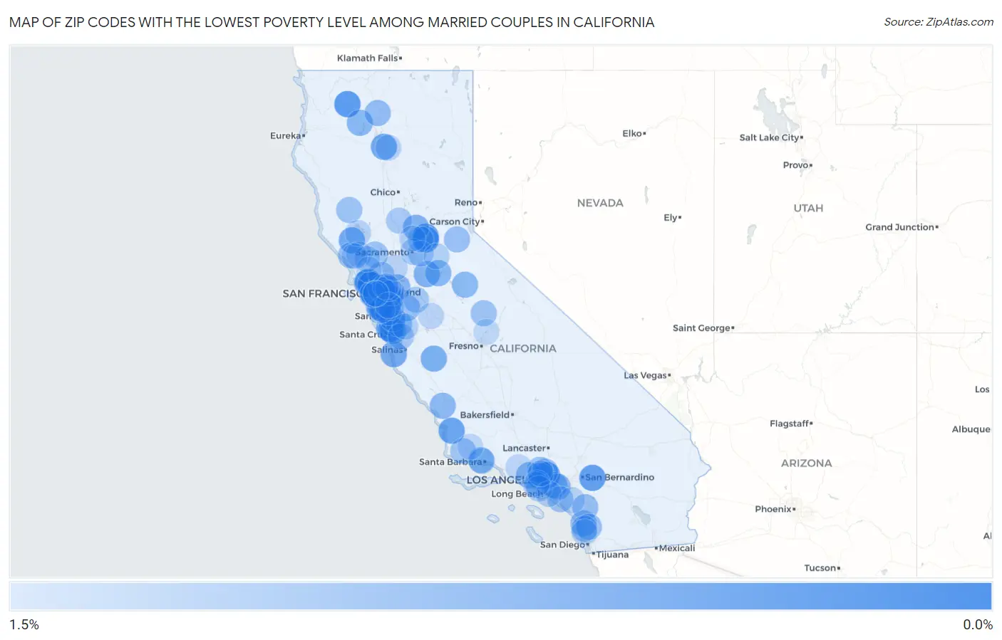 Zip Codes with the Lowest Poverty Level Among Married Couples in California Map