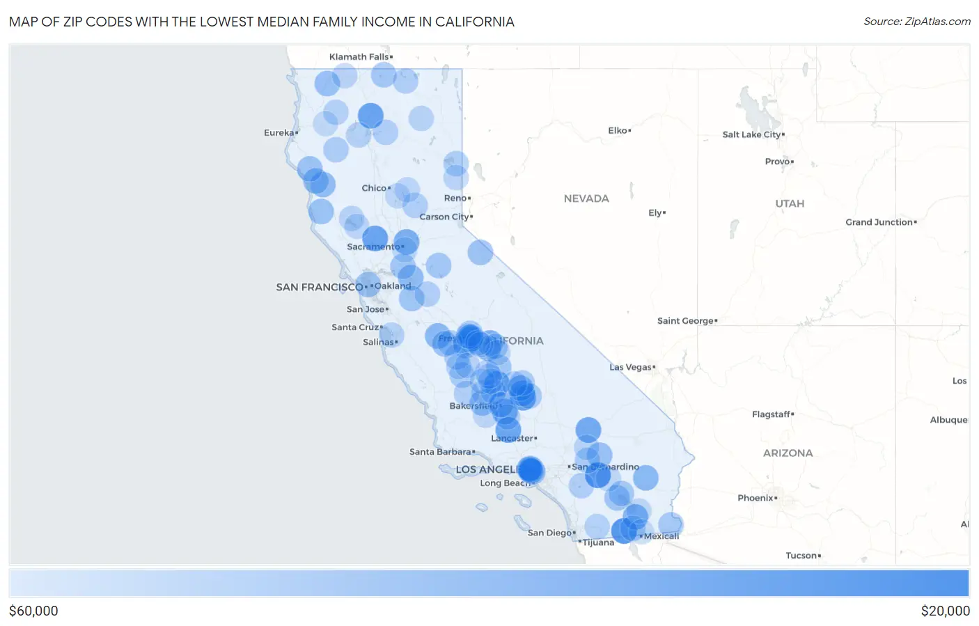 Zip Codes with the Lowest Median Family Income in California Map