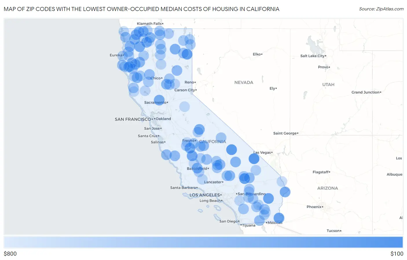 Zip Codes with the Lowest Owner-Occupied Median Costs of Housing in California Map