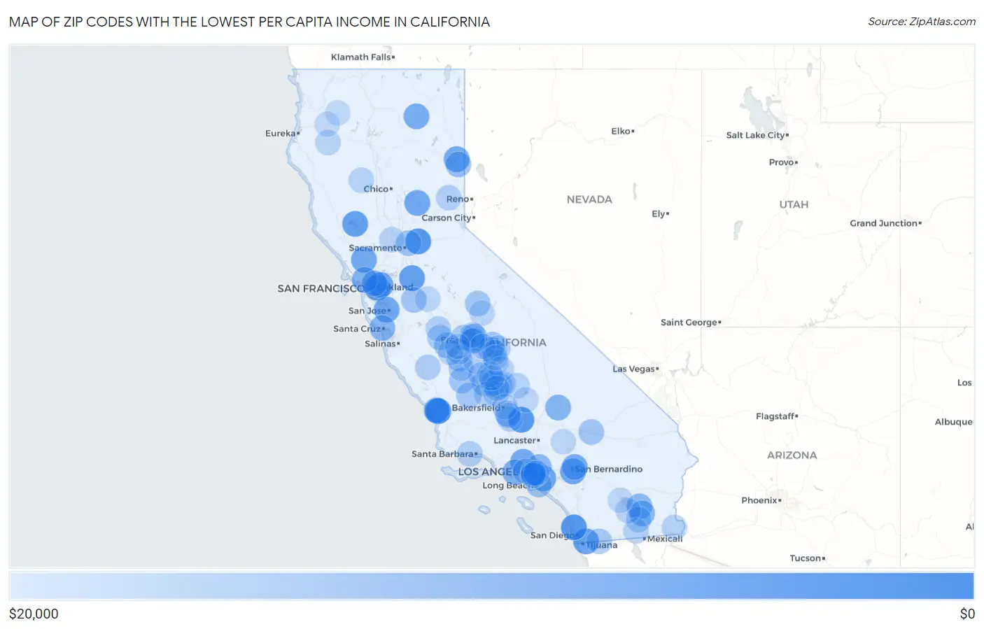Zip Codes with the Lowest Per Capita Income in California Map