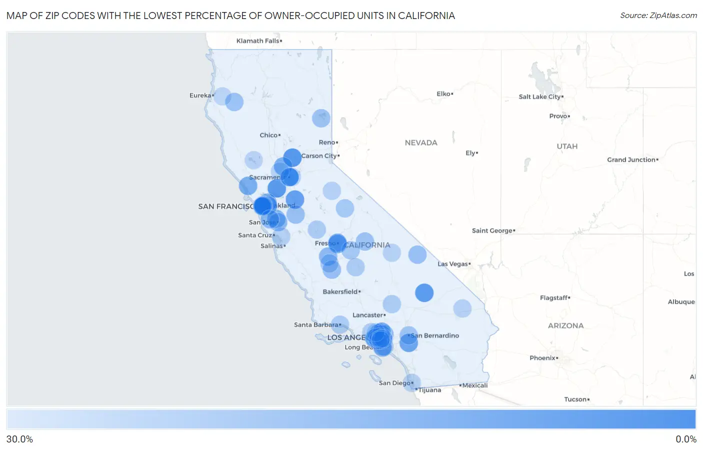 Zip Codes with the Lowest Percentage of Owner-Occupied Units in California Map