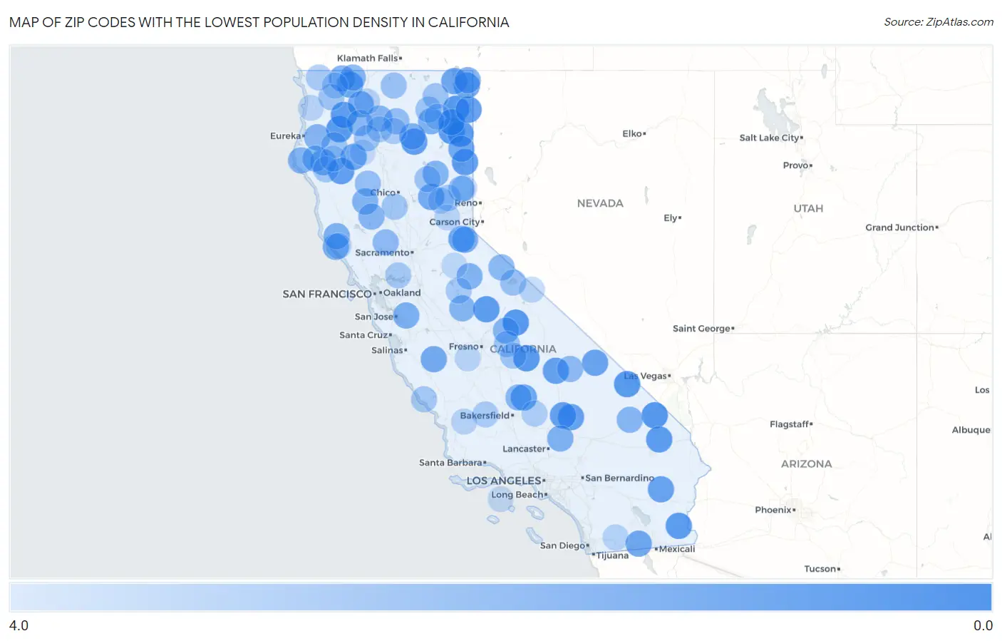 Zip Codes with the Lowest Population Density in California Map
