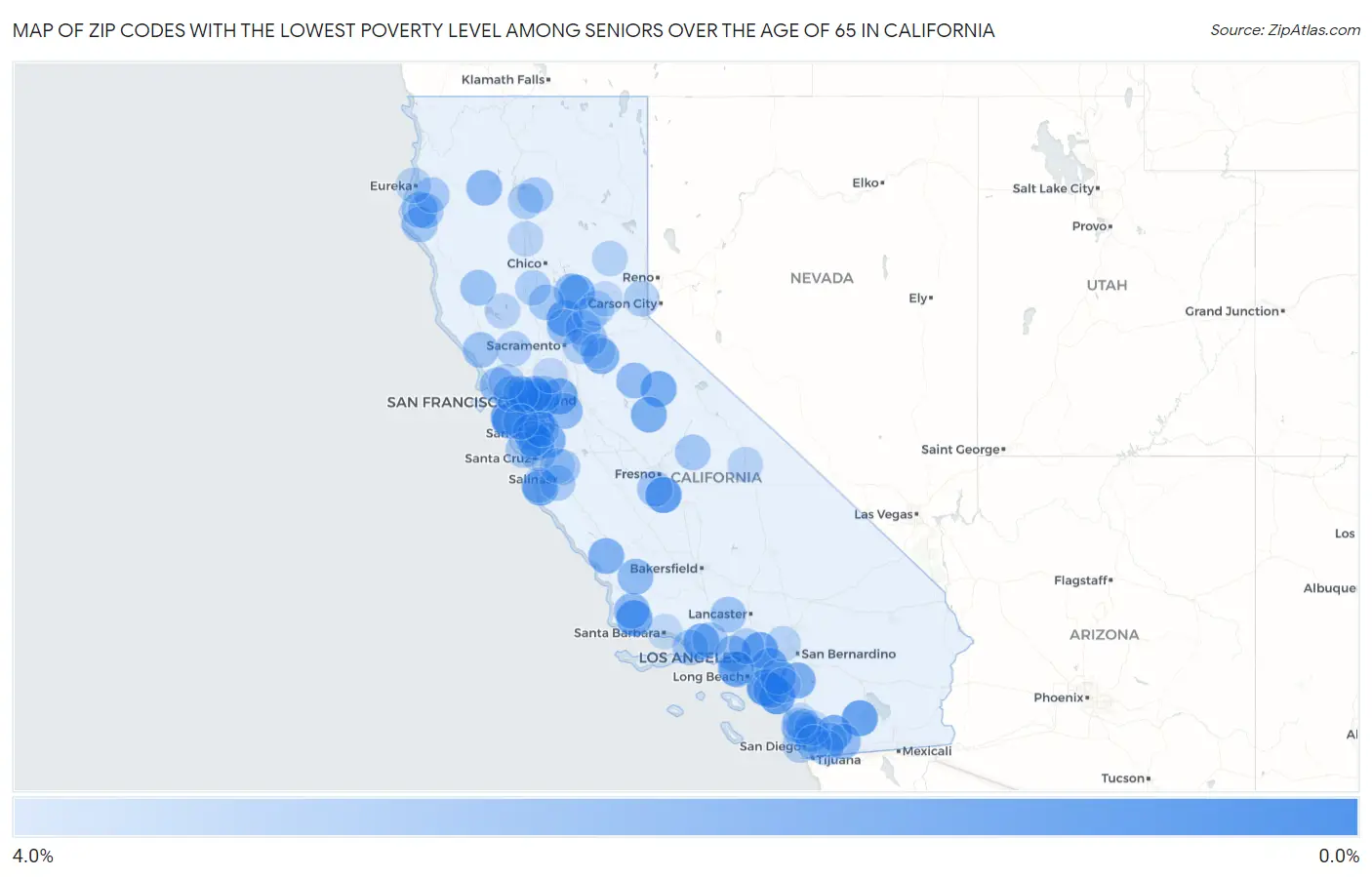 Zip Codes with the Lowest Poverty Level Among Seniors Over the Age of 65 in California Map