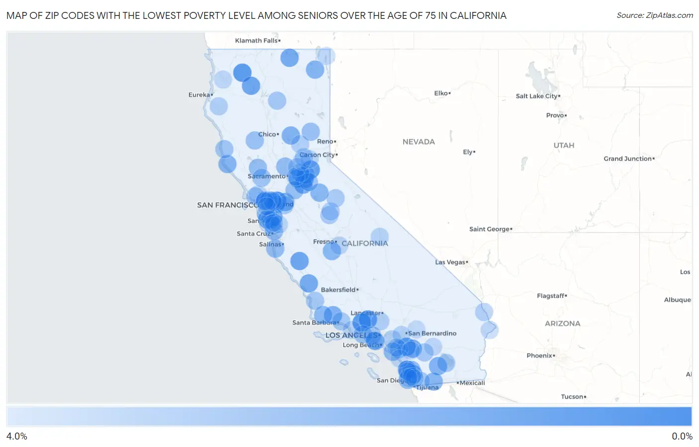 Zip Codes with the Lowest Poverty Level Among Seniors Over the Age of 75 in California Map