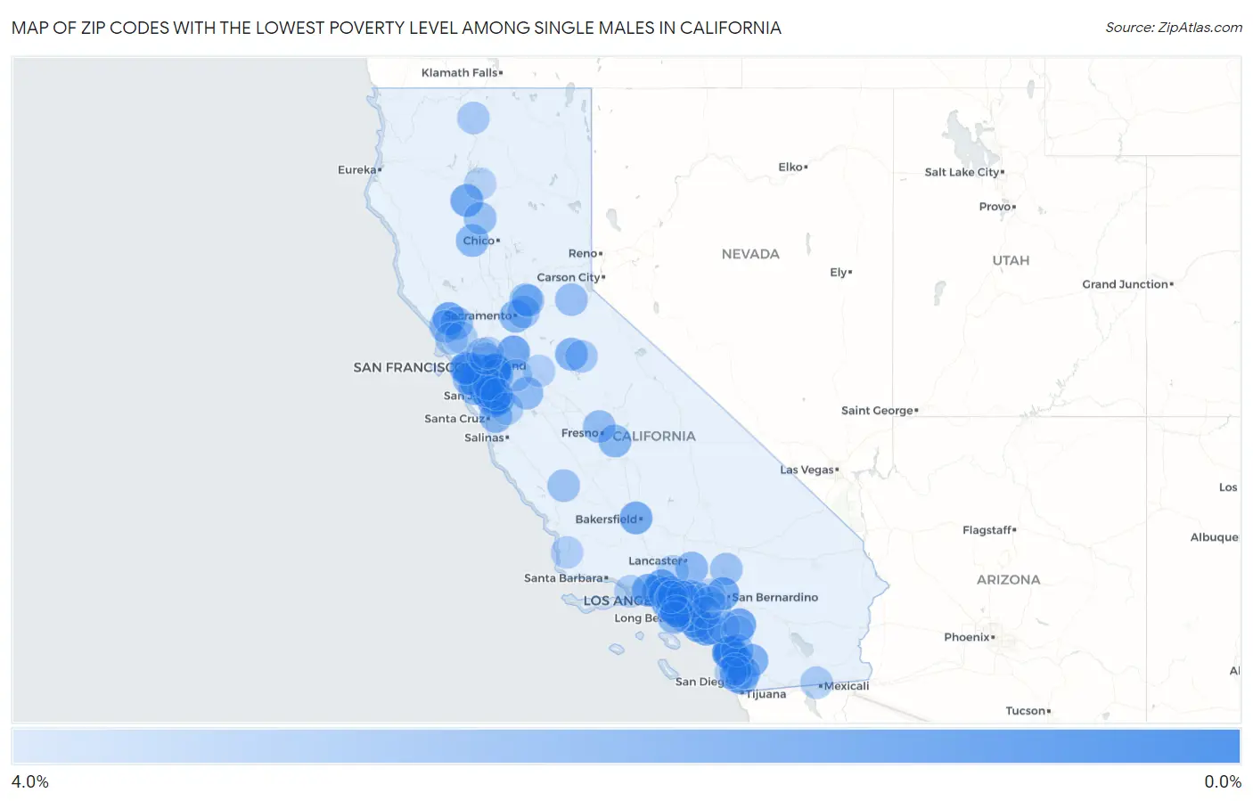 Zip Codes with the Lowest Poverty Level Among Single Males in California Map