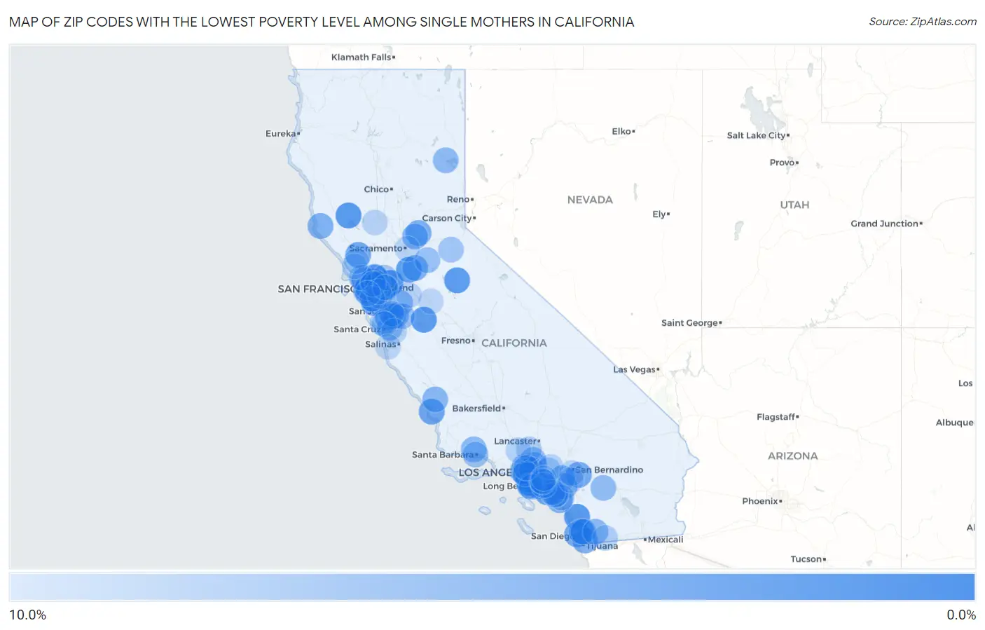Zip Codes with the Lowest Poverty Level Among Single Mothers in California Map