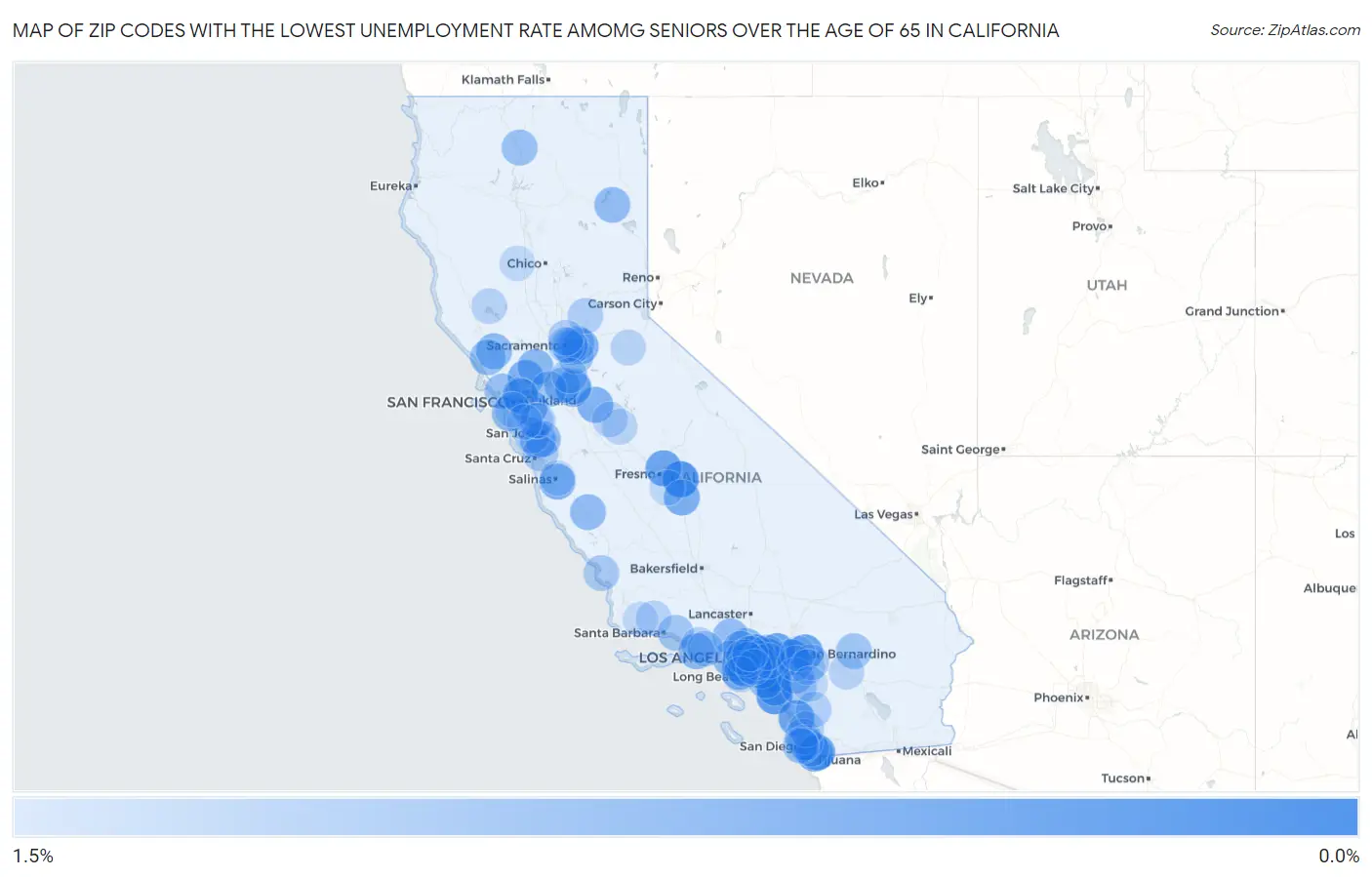 Zip Codes with the Lowest Unemployment Rate Amomg Seniors Over the Age of 65 in California Map