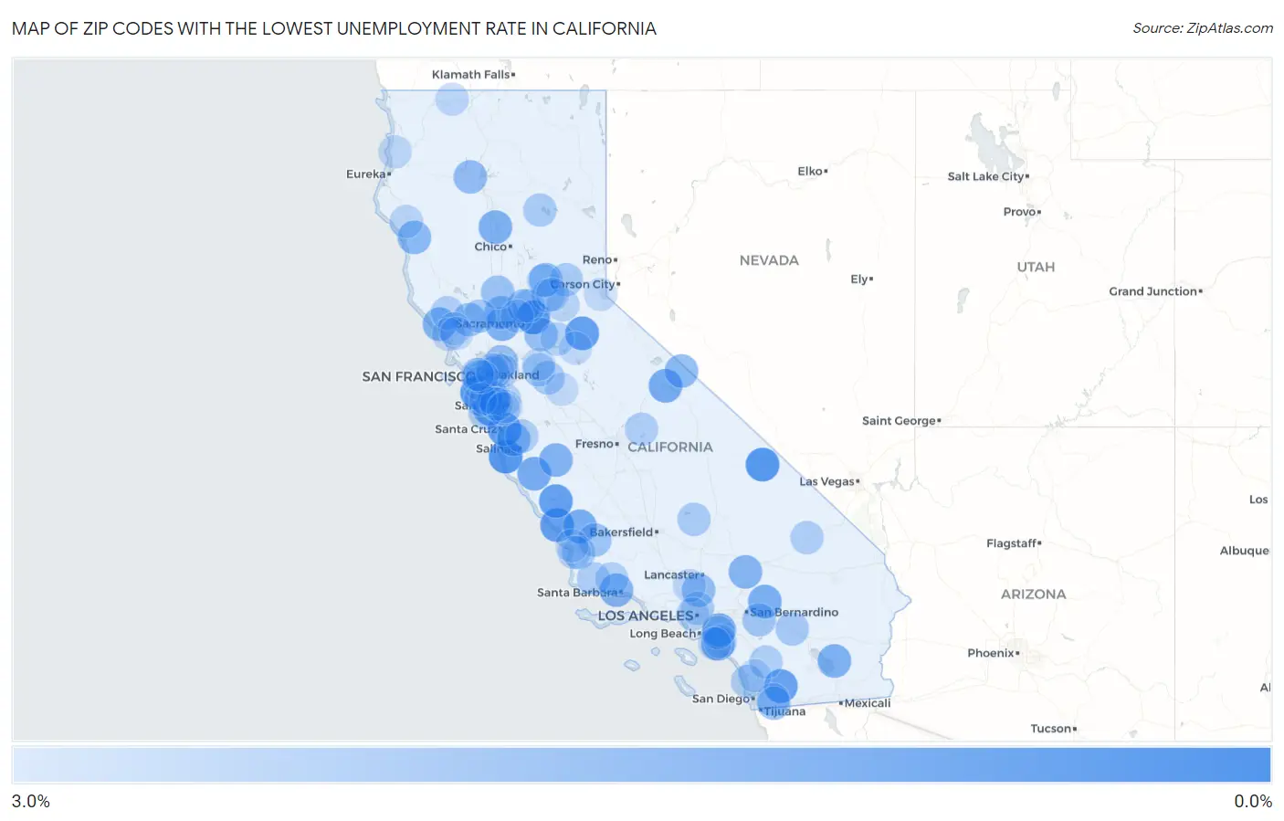 Zip Codes with the Lowest Unemployment Rate in California Map