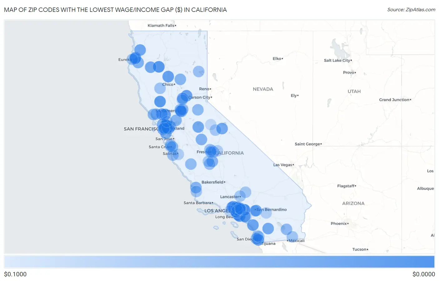Zip Codes with the Lowest Wage/Income Gap ($) in California Map