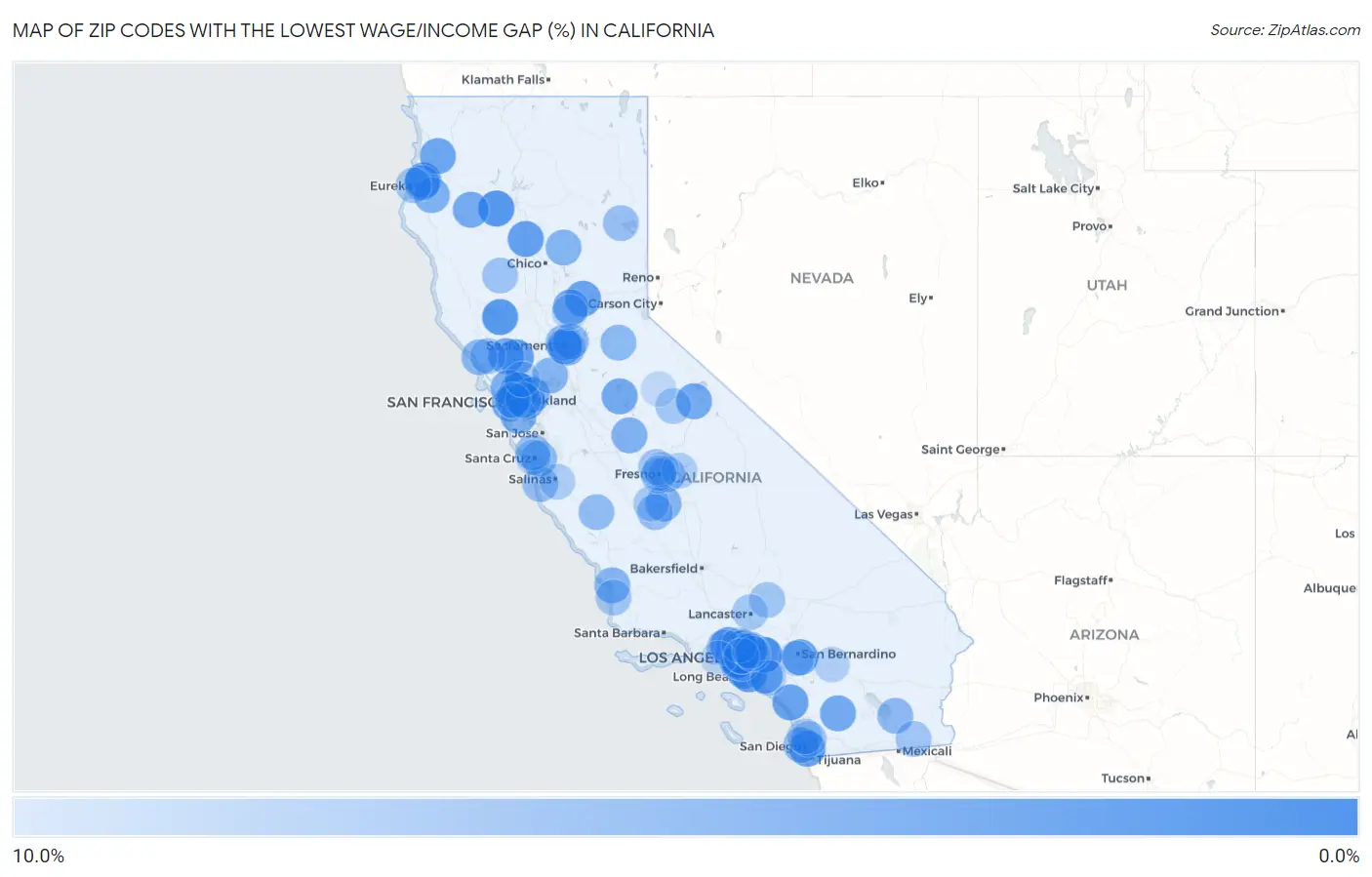 Zip Codes with the Lowest Wage/Income Gap (%) in California Map