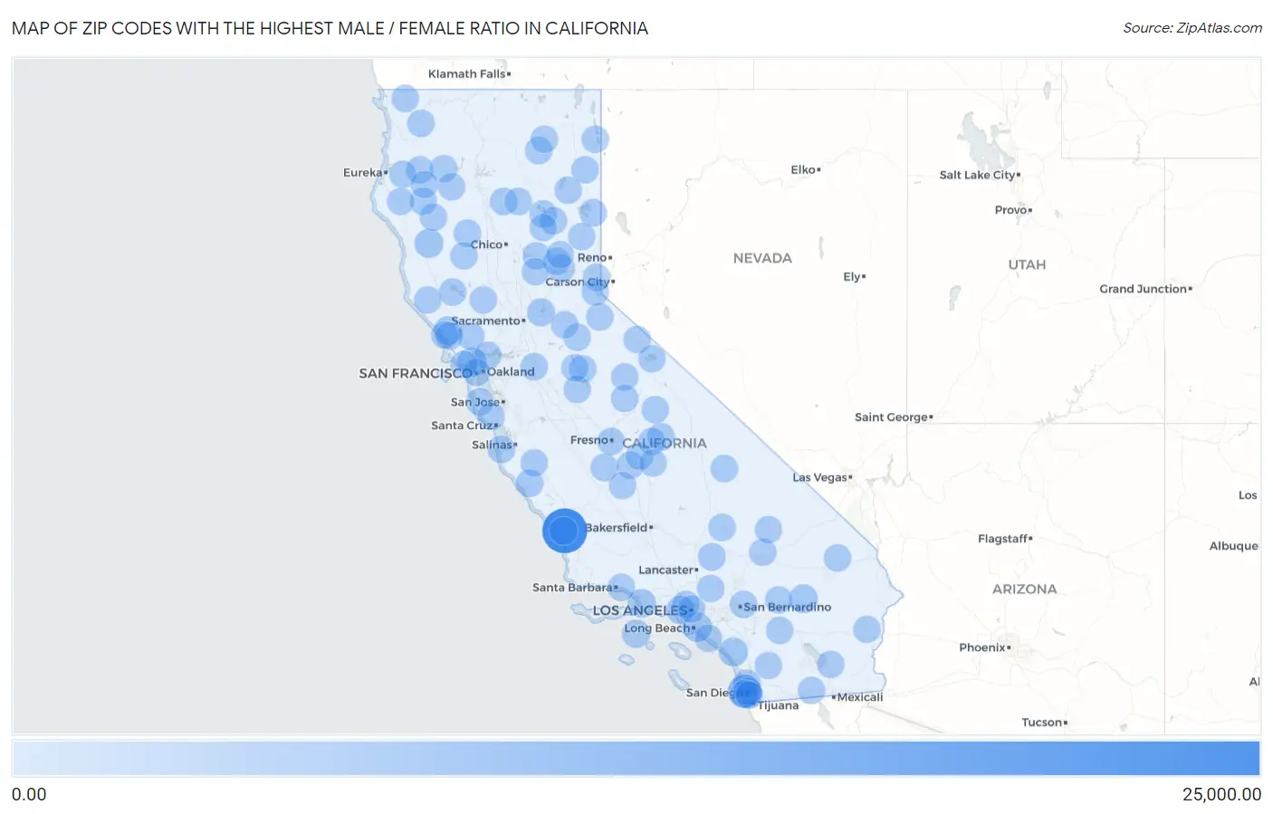 Zip Codes with the Highest Male / Female Ratio in California Map