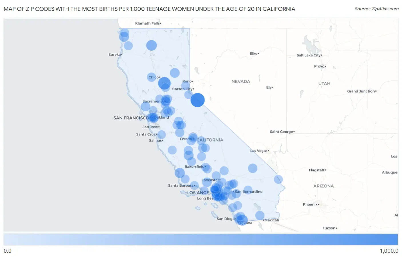 Zip Codes with the Most Births per 1,000 Teenage Women Under the Age of 20 in California Map