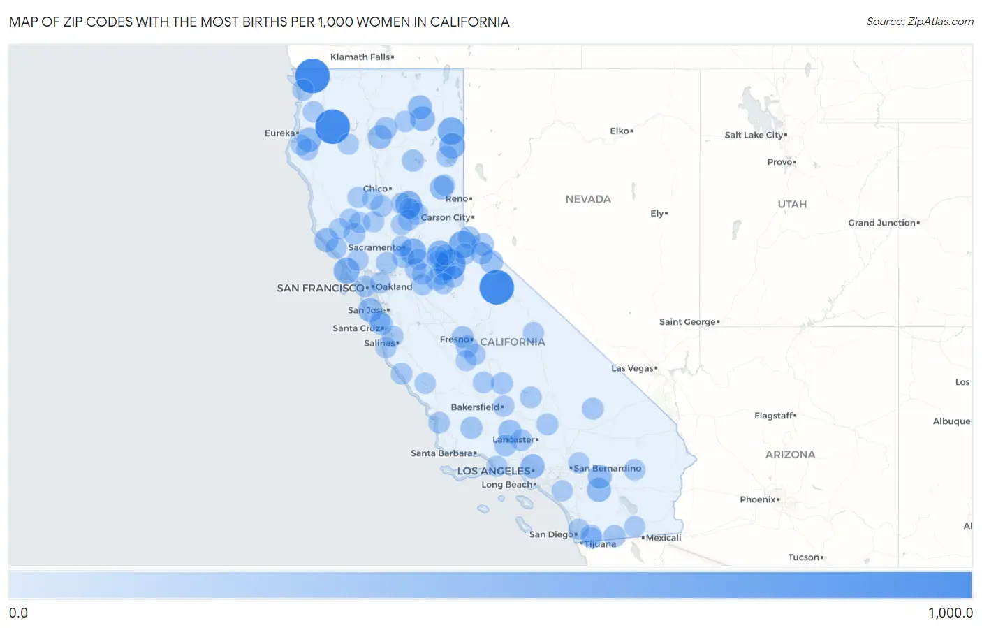 Zip Codes with the Most Births per 1,000 Women in California Map
