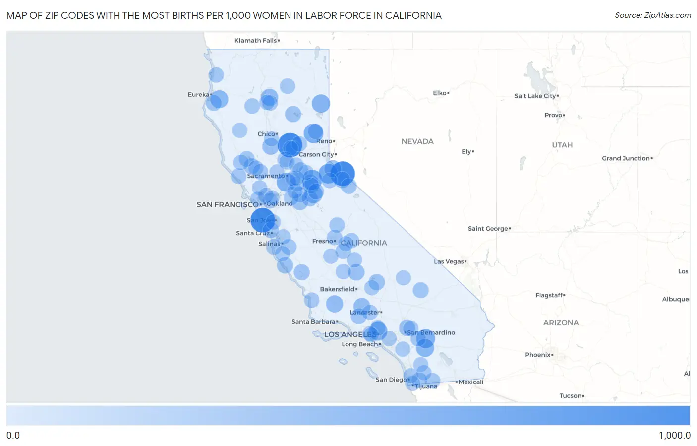 Zip Codes with the Most Births per 1,000 Women in Labor Force in California Map