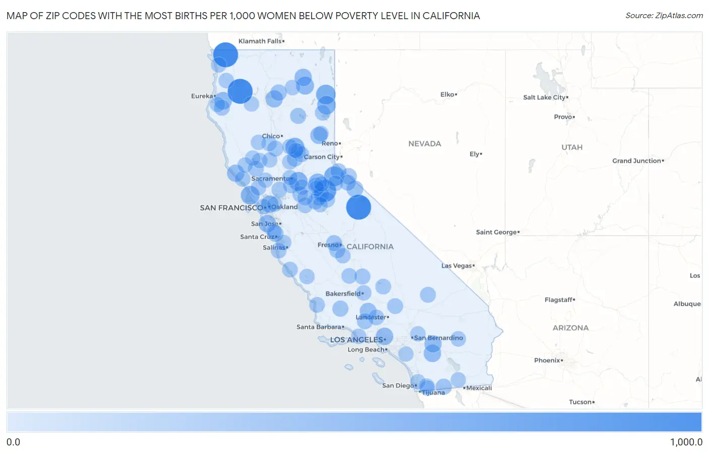 Zip Codes with the Most Births per 1,000 Women Below Poverty Level in California Map