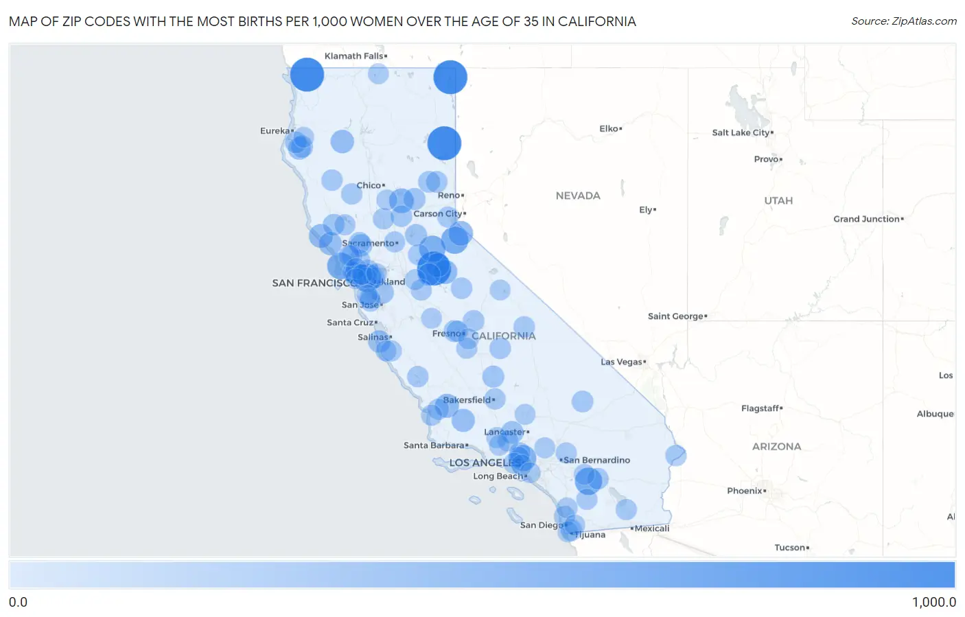 Zip Codes with the Most Births per 1,000 Women Over the Age of 35 in California Map