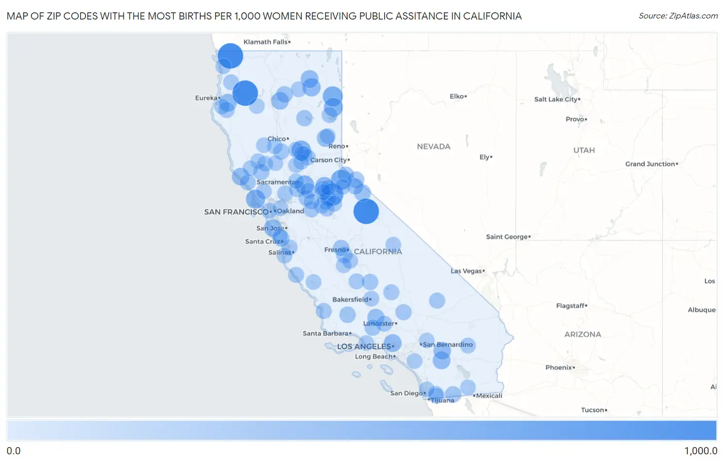 Zip Codes with the Most Births per 1,000 Women Receiving Public Assitance in California Map