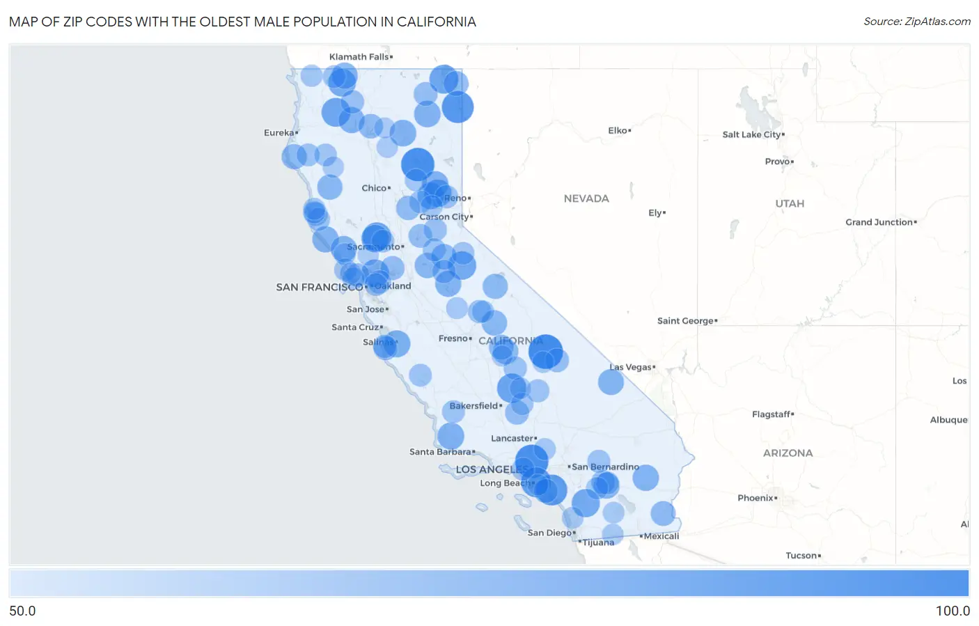 Zip Codes with the Oldest Male Population in California Map