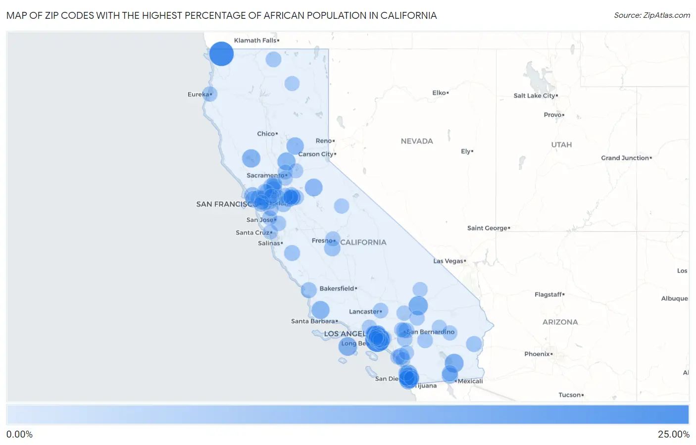 Zip Codes with the Highest Percentage of African Population in California Map